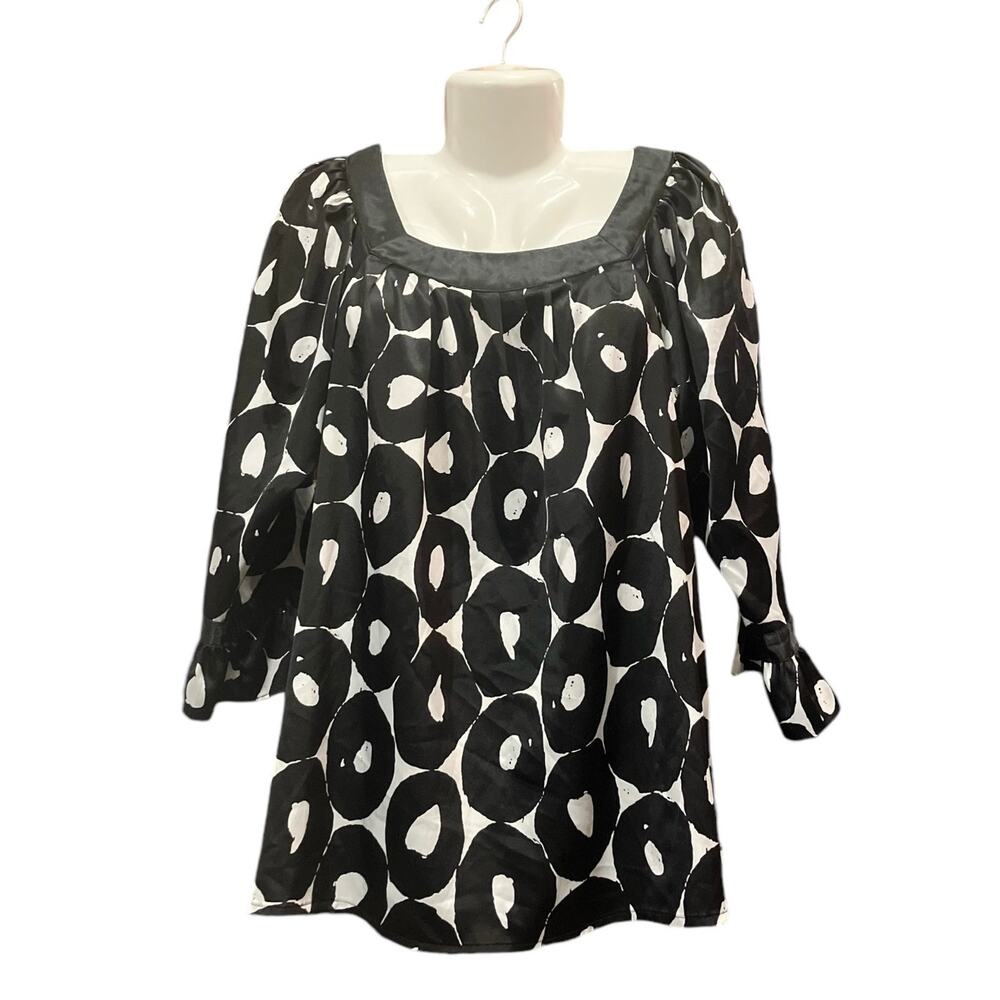 NY Collection Women's Black/White Square Neck Abstract Print Blouse Chic Size XL